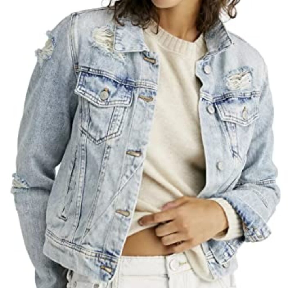 Free People Women's Rumors Distressed Denim Jean Jacket - Picture 1 of 11